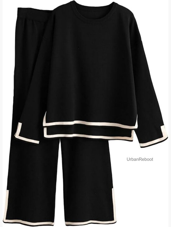 Pants - Women's 2 Piece Lounge Set Long Sleeve Knit Top Wide Leg Pants Tracksuit